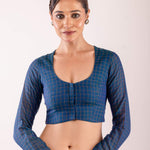 Blue South Indian Style Full Sleeve Blouse with Check Detail and Back Zari Panel - Anvi Couture