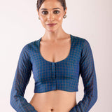 Blue South Indian Style Full Sleeve Blouse with Check Detail and Back Zari Panel - Anvi Couture