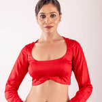 Red Cotton Silk Blouse with Round Neck and Full Sleeves - Anvi Couture