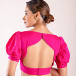 Bright Pink Puff Sleeve Saree Silk Blouse with Boat Neckline - Anvi Couture