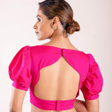 Bright Pink Puff Sleeve Saree Silk Blouse with Boat Neckline - Anvi Couture