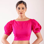 Bright Pink Puff Sleeve Saree Silk Blouse with Boat Neckline - Anvi Couture