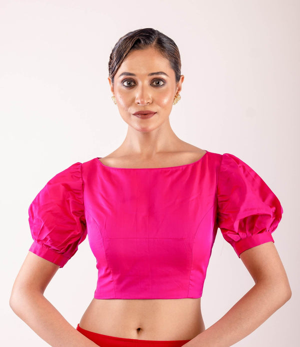 Bright Pink Puff Sleeve Saree Silk Blouse with Boat Neckline - Anvi Couture