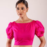 Bright Pink Puff Sleeve Saree Silk Blouse with Boat Neckline - Anvi Couture