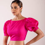 Bright Pink Puff Sleeve Saree Silk Blouse with Boat Neckline - Anvi Couture