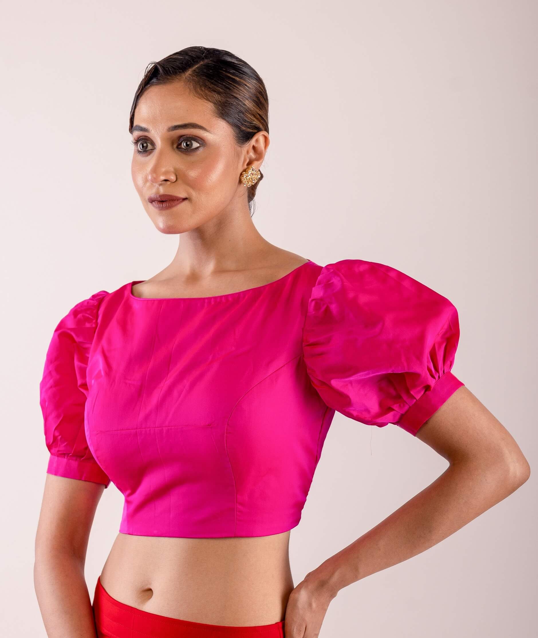Bright Pink Puff Sleeve Saree Silk Blouse with Boat Neckline - Anvi Couture
