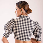 Black and White Checked Puff Sleeve Blouse with V - Neck Collar - Anvi Couture