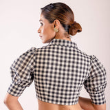 Black and White Checked Puff Sleeve Blouse with V - Neck Collar - Anvi Couture