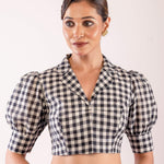 Black and White Checked Puff Sleeve Blouse with V - Neck Collar - Anvi Couture