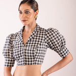Black and White Checked Puff Sleeve Blouse with V - Neck Collar - Anvi Couture