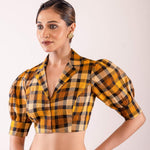 Yellow & Black Check Cotton Blouse with Puff Sleeves and Collared Neckline - Anvi Couture