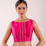 Pink Sleeveless Blouse with Boat Neckline and Silver Stripe Detailing - Anvi Couture