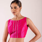 Pink Sleeveless Blouse with Boat Neckline and Silver Stripe Detailing - Anvi Couture