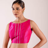 Pink Sleeveless Blouse with Boat Neckline and Silver Stripe Detailing - Anvi Couture