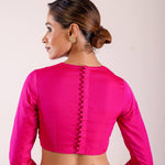 A Woman Wearing a Rani Pink Full Sleeve Formal Blouse with High Neck- Elegant Workwear Essential for Women: Anvi Couture - Image 4