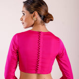 A Woman Wearing a Rani Pink Full Sleeve Formal Blouse with High Neck- Elegant Workwear Essential for Women: Anvi Couture - Image 4