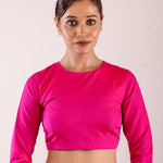 Woman Wearing a Rani Pink Full Sleeve Formal Blouse with High Neck- Elegant Workwear Essential for Women: Anvi Couture - Image 1