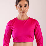 Woman Wearing a Rani Pink Full Sleeve Formal Blouse with High Neck- Elegant Workwear Essential for Women: Anvi Couture - Image 1