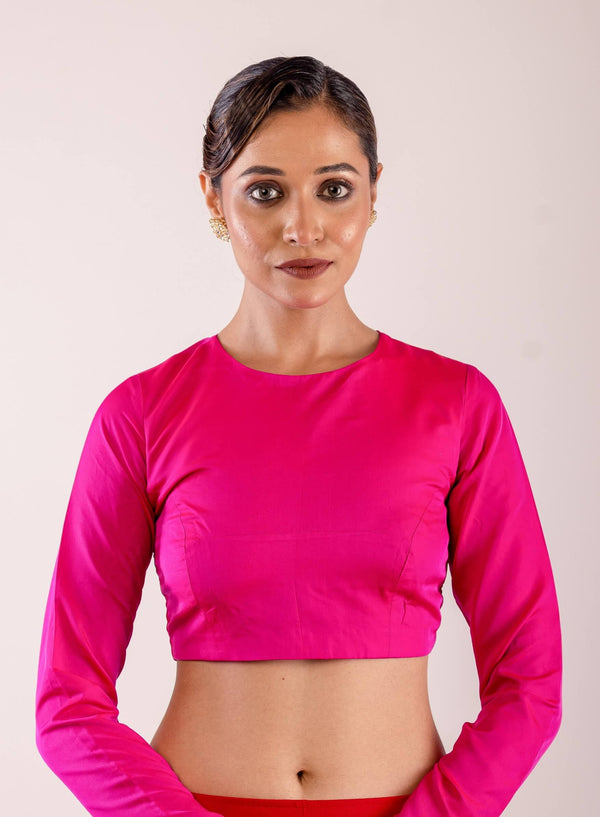 Rani Pink Full Sleeve Formal Silk Blouse with High Neck - Anvi Couture