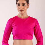 Woman Wearing a Rani Pink Full Sleeve Formal Blouse with High Neck- Elegant Workwear Essential for Women: Anvi Couture - Image 2