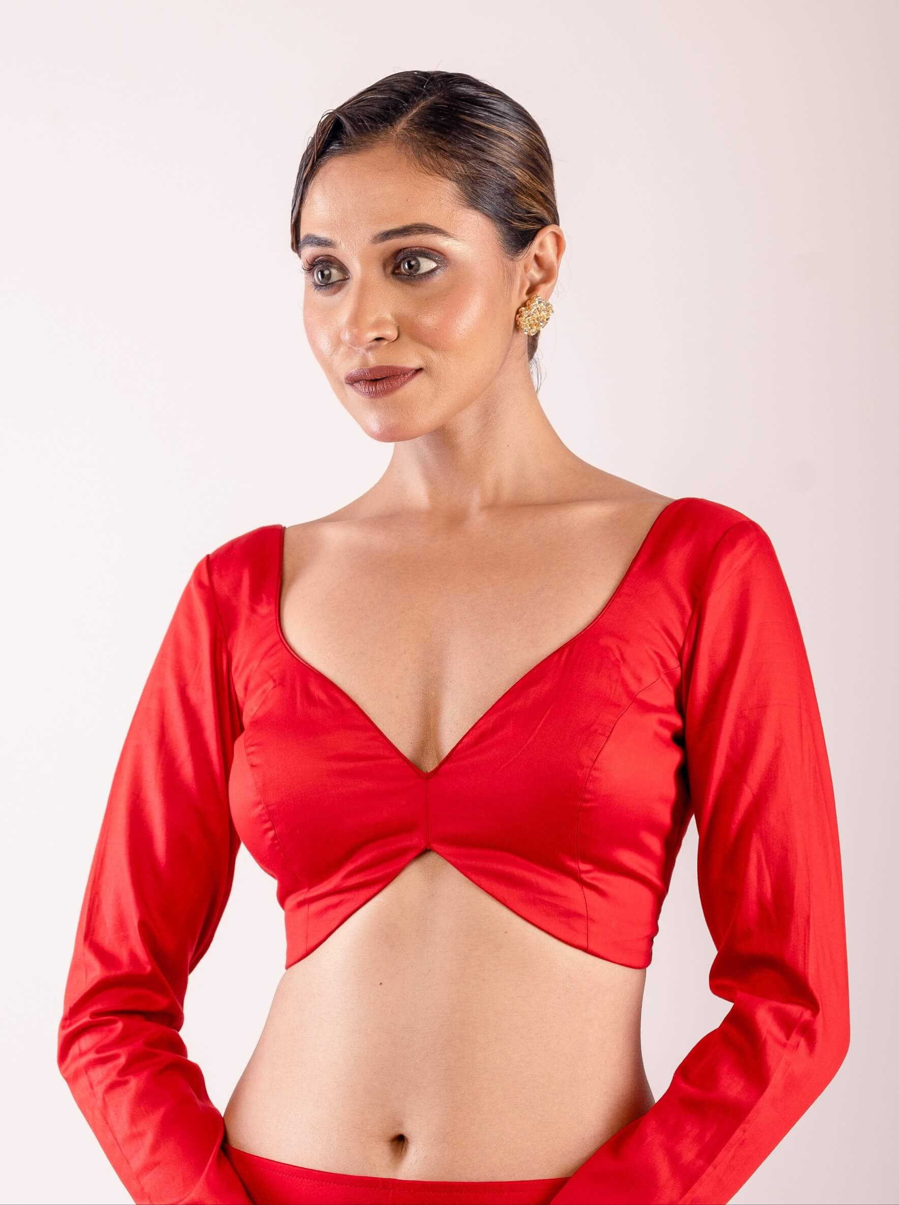 An Indian Woman Wearing a Red Cotton Silk Blouse with Full Sleeves and Back Closure: Festive wear Blouses from Anvi Couture - Image 3