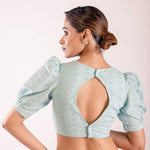 Chic Designer Light Blue Hakoba Blouse with Puff Sleeves and V Neckline- Chic and Casual Premium Quality Ethnic Wear: Anvi Couture - Image 4