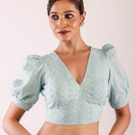 Woman wearing Light Blue Hakoba Blouse with Puff Sleeves and V Neckline- Chic and Casual Premium Quality Ethnic Wear - Anvi Couture - Image 2