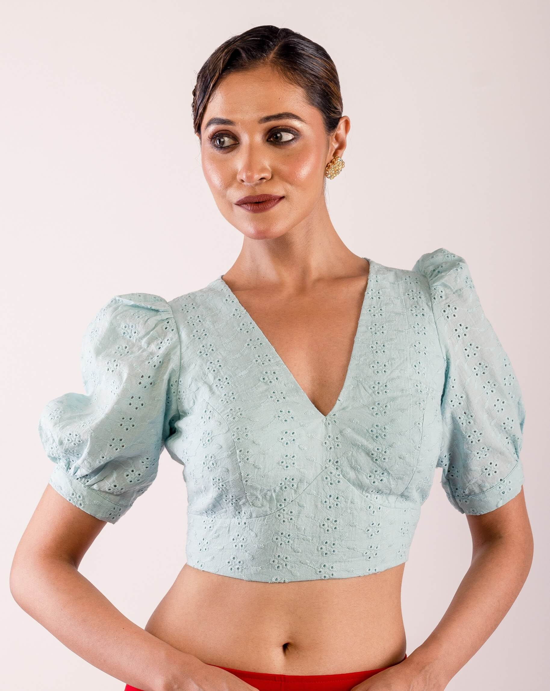 Woman wearing Light Blue Hakoba Blouse with Puff Sleeves and V Neckline- Chic and Casual Premium Quality Ethnic Wear - Anvi Couture - Image 2