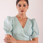 Light Blue Hakoba Blouse with Puff Sleeves and V Neckline- Chic and Casual Premium Quality Ethnic Wear - Japanese Hakoba Design Blouses - Anvi Couture - Image 1