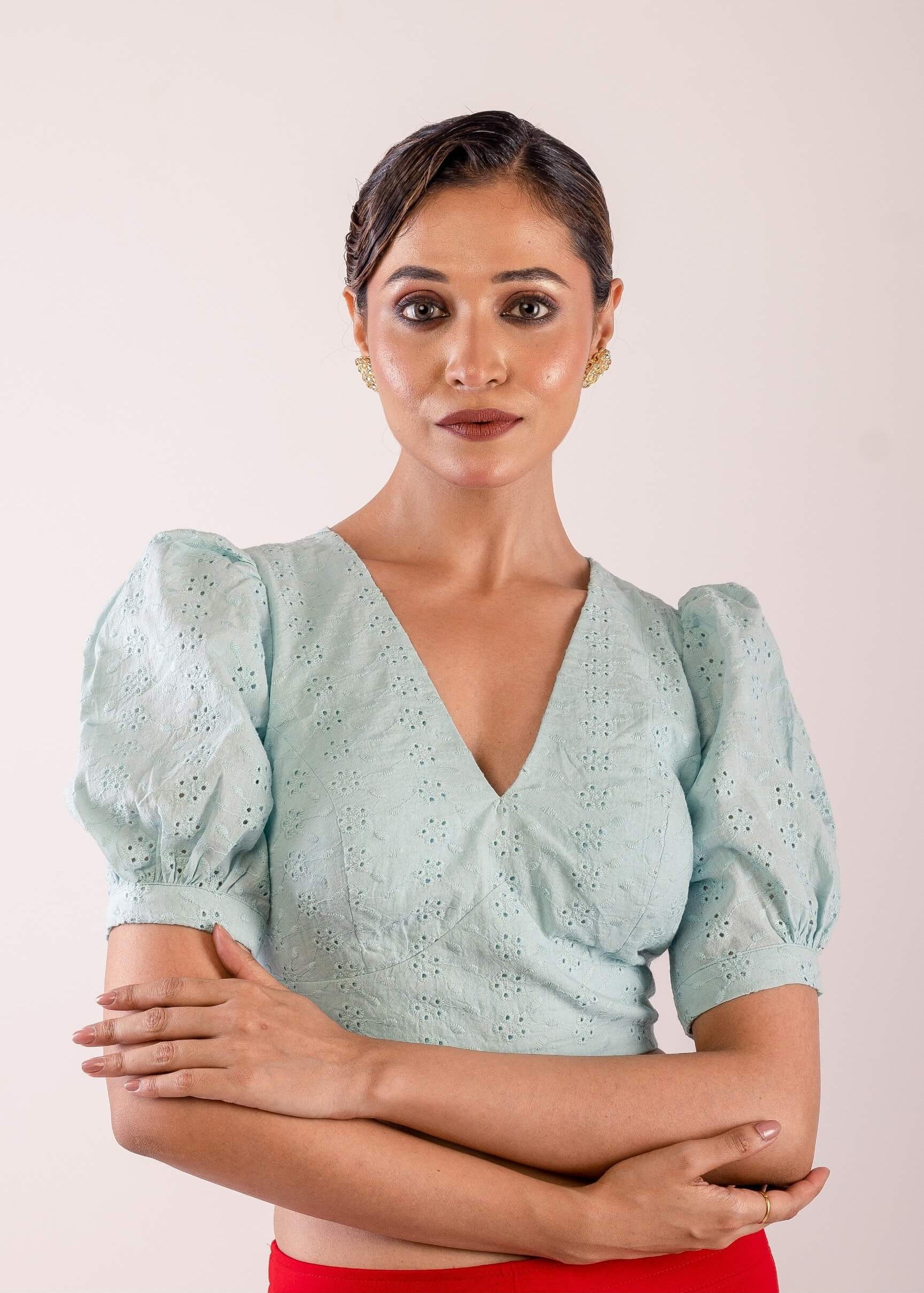 Light Blue Hakoba Blouse with Puff Sleeves and V Neckline- Chic and Casual Premium Quality Ethnic Wear - Japanese Hakoba Design Blouses - Anvi Couture - Image 1