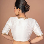 White Raw Silk Aari work Embroidered Blouse with Square Neckline - Anvi Couture