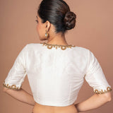 White Raw Silk Aari work Embroidered Blouse with Square Neckline - Anvi Couture