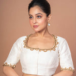 White Raw Silk Aari work Embroidered Blouse with Square Neckline - Anvi Couture