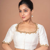 White Raw Silk Aari work Embroidered Blouse with Square Neckline - Anvi Couture