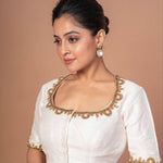 White Raw Silk Aari work Embroidered Blouse with Square Neckline - Anvi Couture