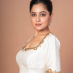 White Raw Silk Aari work Embroidered Blouse with Square Neckline - Anvi Couture