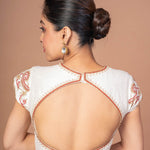 White Raw Silk Blouse with Red and Gold Hand Embroidered Work - Anvi Couture
