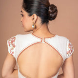 White Raw Silk Blouse with Red and Gold Hand Embroidered Work - Anvi Couture