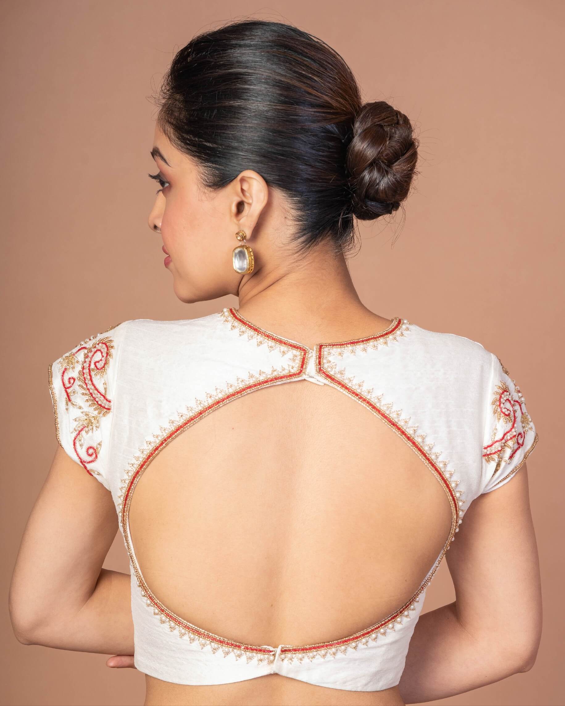 White Raw Silk Blouse with Red and Gold Hand Embroidered Work - Anvi Couture