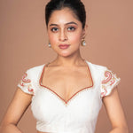 White Raw Silk Blouse with Red and Gold Hand Embroidered Work - Anvi Couture