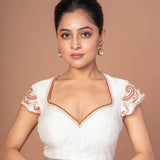 White Raw Silk Blouse with Red and Gold Hand Embroidered Work - Anvi Couture