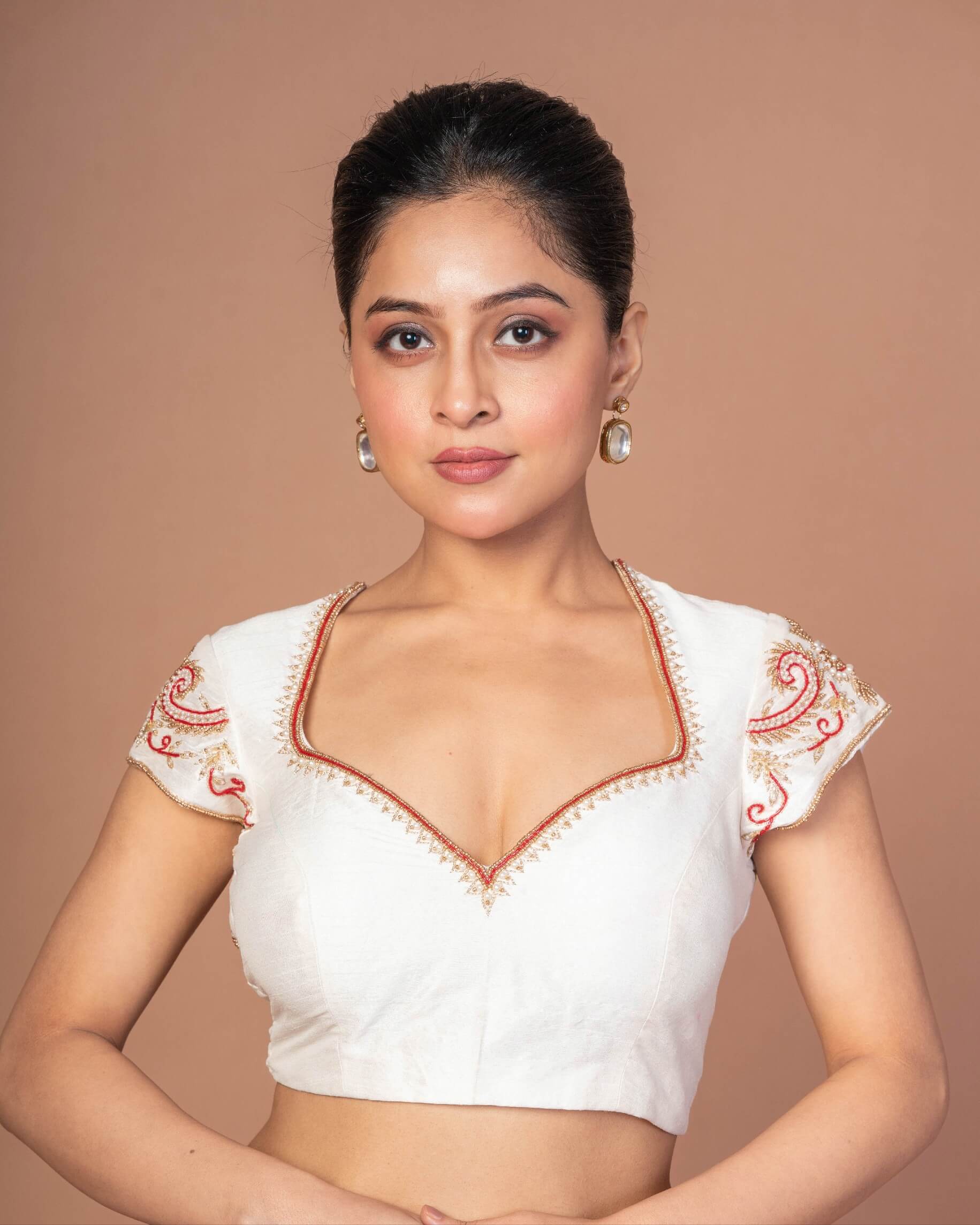White Raw Silk Blouse with Red and Gold Hand Embroidered Work - Anvi Couture
