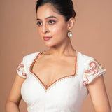 White Raw Silk Blouse with Red and Gold Hand Embroidered Work - Anvi Couture