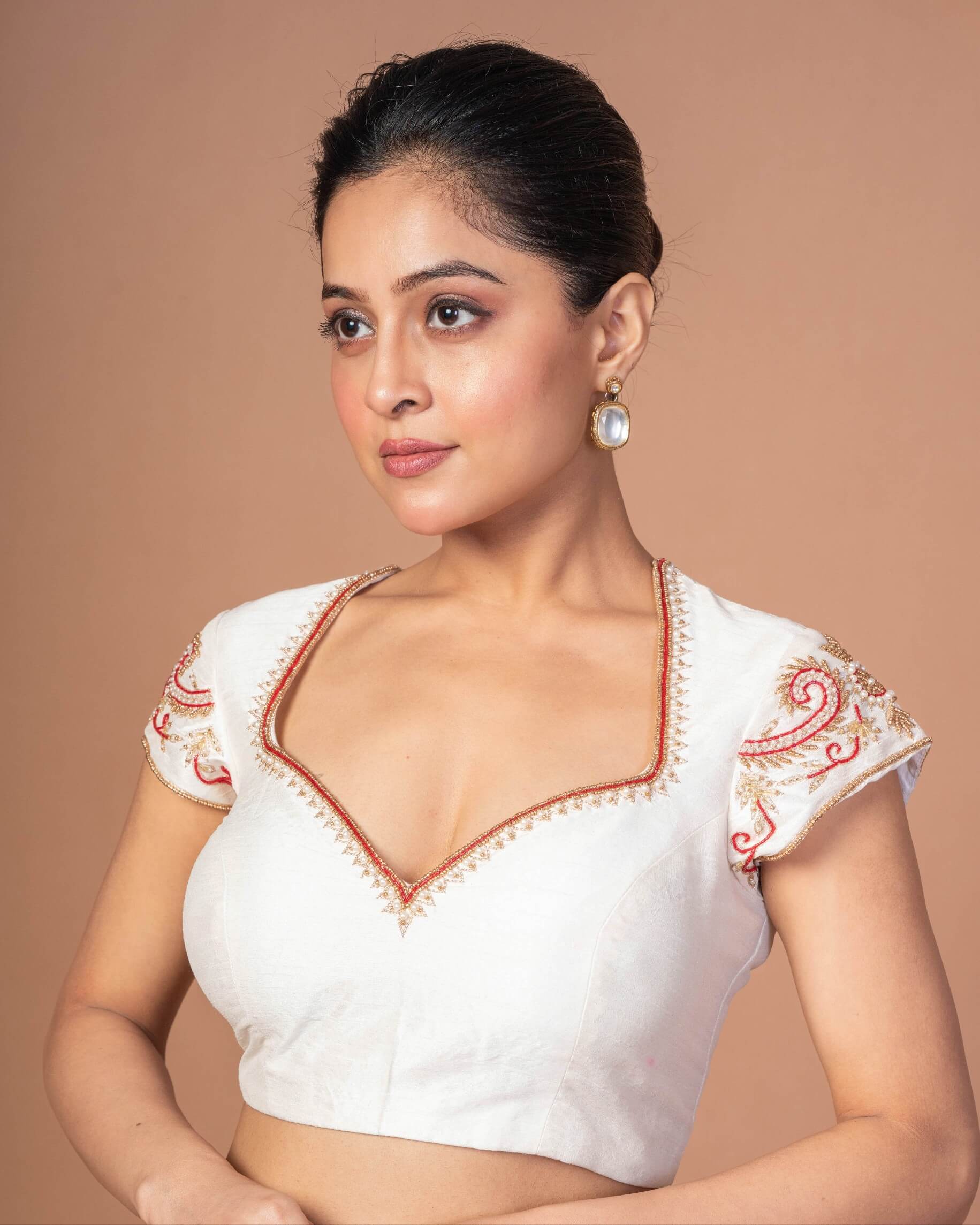 White Raw Silk Blouse with Red and Gold Hand Embroidered Work - Anvi Couture
