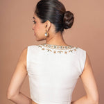 White Raw Silk U Neckline Blouse with Hand Embroidered Work - Anvi Couture
