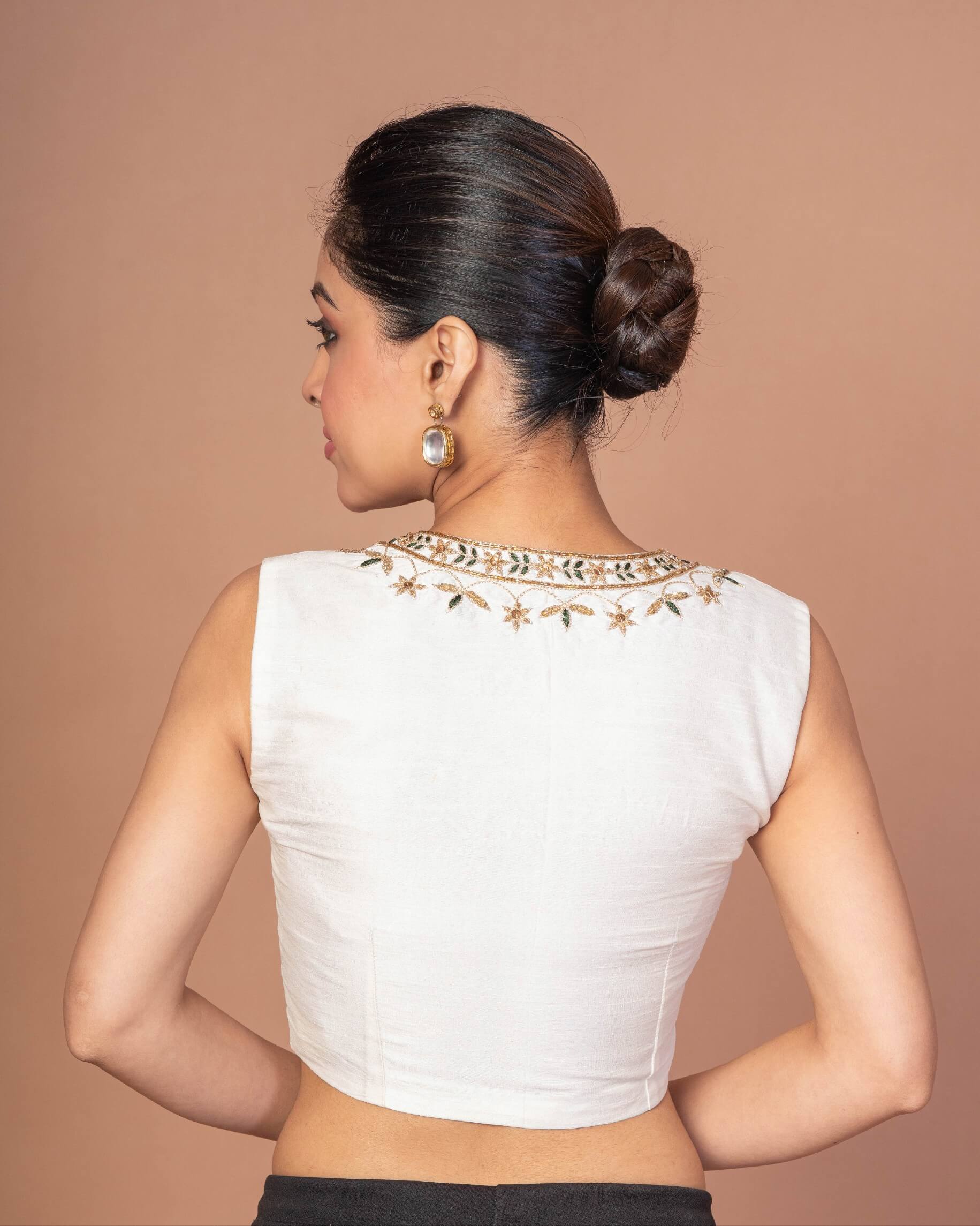 White Raw Silk U Neckline Blouse with Hand Embroidered Work - Anvi Couture
