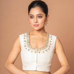 White Raw Silk U Neckline Blouse with Hand Embroidered Work - Anvi Couture
