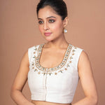 White Raw Silk U Neckline Blouse with Hand Embroidered Work - Anvi Couture