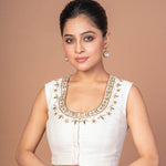 White Raw Silk U Neckline Blouse with Hand Embroidered Work - Anvi Couture