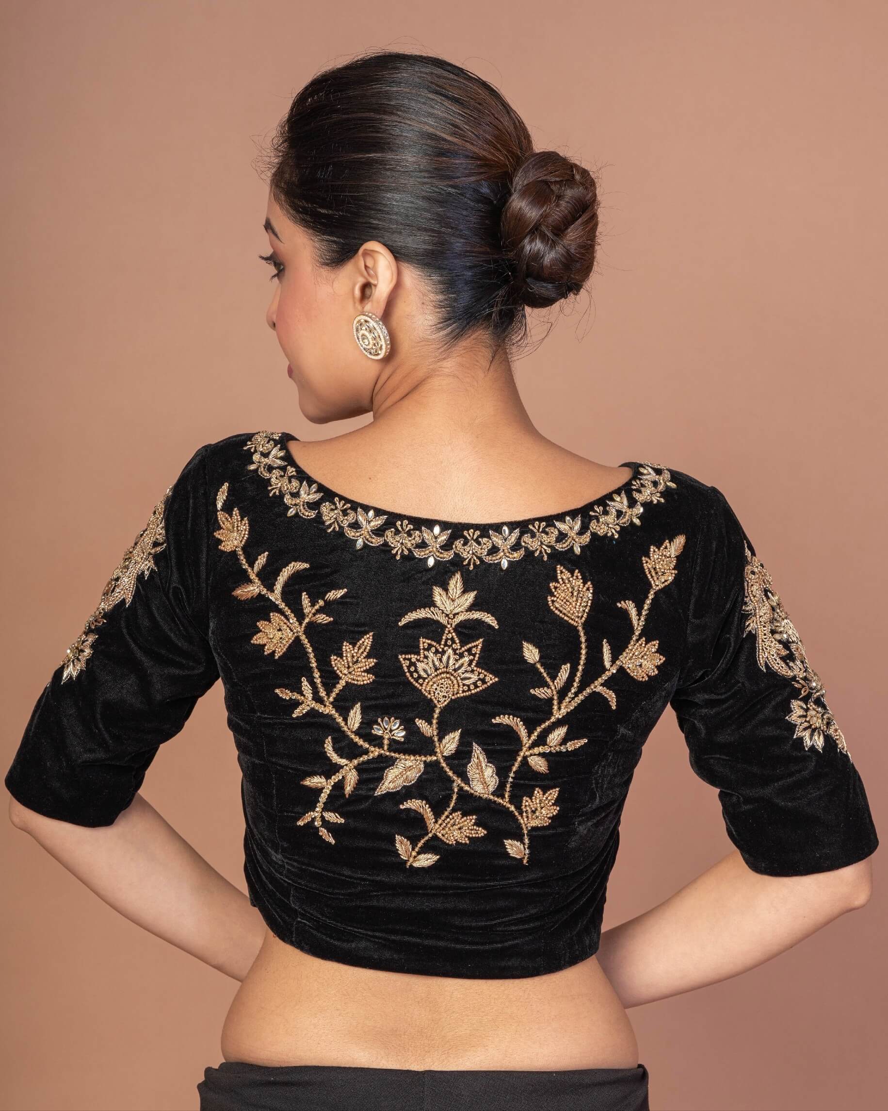 Black Velvet Hand Embroidered Work Blouse - Anvi Couture
